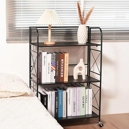 Foldable 3-Tier Metal Shelf with Wheels - Folding Bookshelf Unit for Living Room, Kitchen, Study 12.6" D x 23.6" W x 33.8" H, Matte Black