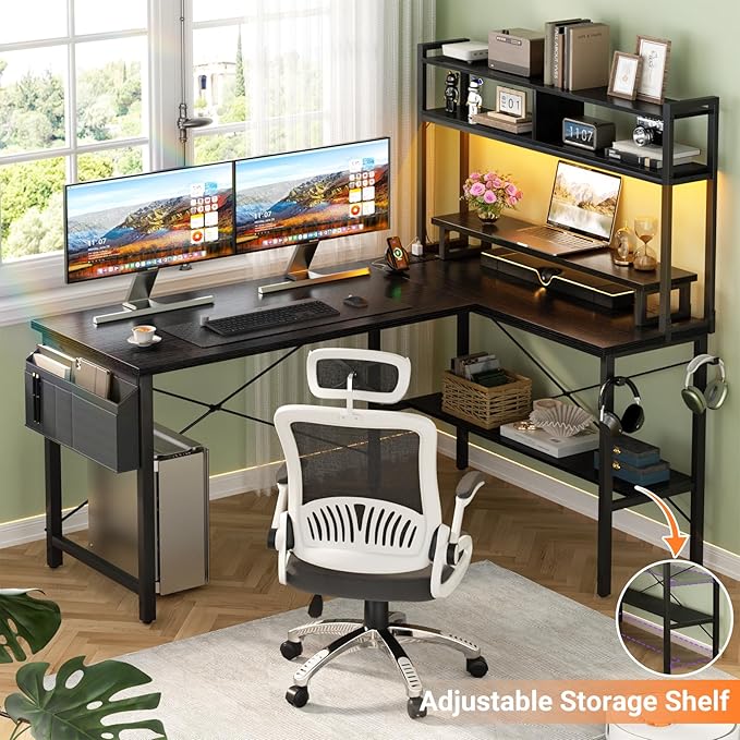 Aheaplus L Shaped Gaming Desk with Power Outlets & LED Lights, Small L- Shaped Desk Computer Corner Desk with Monitor Stand & Storage Shelf, Home Office Desk Writing Desk with Storage Bag, Black