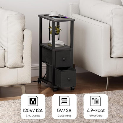 TUTOTAK Small Narrow End Tables, Side Tables with 2 Fabric Drawers, Set of 2, Bedside Tables with Charging Station for Small Spaces, Slim Nightstands with USB Ports and Wheels, TB01BK053