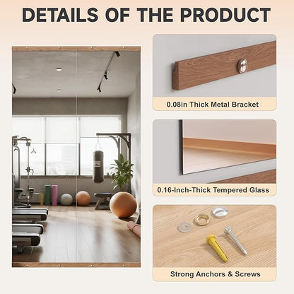 Hasipu 3Pcs 48''x24'' Home Gym Mirror Large Full Length Wall Mounted Full Body Mirror for Yoga Dance Fitness Exercise Studio Bedroom Garage, Frameless Tempered Glass Workout Mirrors Walnut Rectangular
