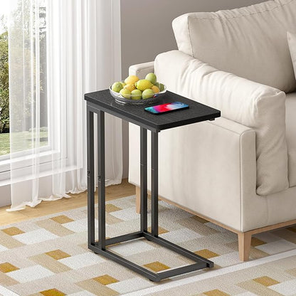 Yusong C Shaped End Table - Slide Under Sofa Couch Bed, Small Table for Small Spaces, Skinny Overbed, Coffee Drink Snack Table for Living Room, Black Oak