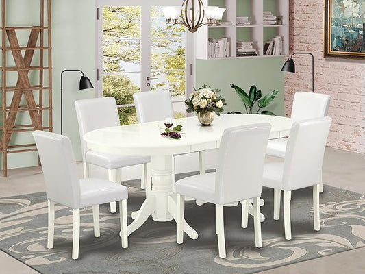East West Furniture VAAB7-LWH-64 7 Piece Dinette Set Consist of an Oval Dining Room Table with Butterfly Leaf and 6 White Faux Leather Upholstered Chairs, 40x76 Inch, Linen White