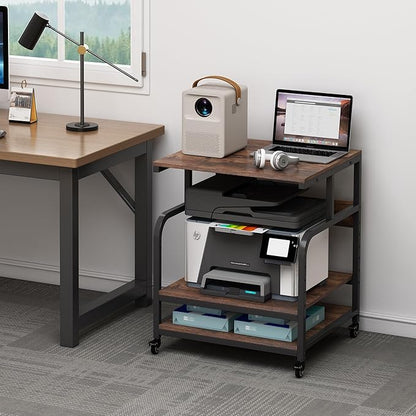 23.6" Deep Extra Large Printer Stand, 3 Tier Printer Table with Adjustable Storage Shelf, Rolling Printer Cart with Industrial Wheels for Home Office, Rustic Brown