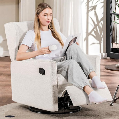COMHOMA Nursery Rocking Chair Teddy Upholstered Swivel Rocker Recliner Manual Glider Reclining Chair for Living Room Bedroom Offices (Beige, 1 PCS)