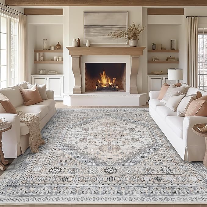 zesthome 9x12 Area Rugs,Stain Resistant Washable Rug,Ultra-Thin Rugs for Living Room,Bedroom,Non-Slip Backing Home Decor Large Area Rug (Beige,9'x12')