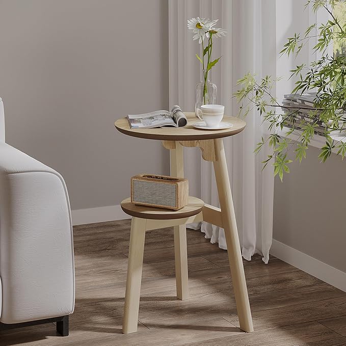 ChooChoo Round End Table Set of 2, Narrow Side Table for Small Spaces, Accent Table Night Stand with 2 Tier Shelf for Bedroom and Living Room, Natural