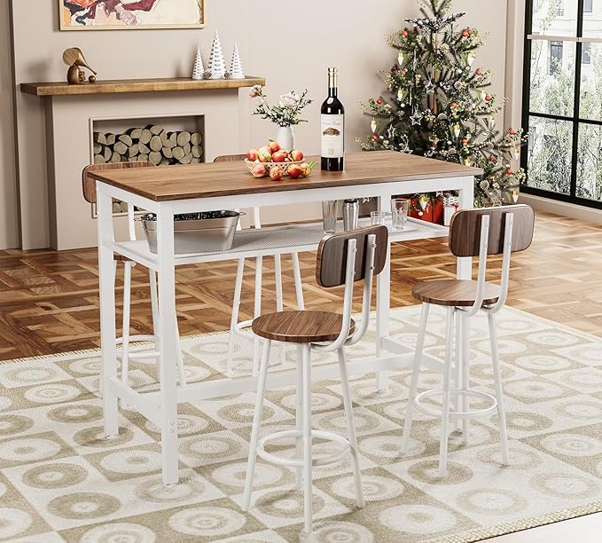 5-Piece Bar Table and Chairs Set, 43.3'' Pub Table Set Modern Small Table and Chairs Set of 4 for Breakfast Nook Living Room Small Space Restaurant, Wooden