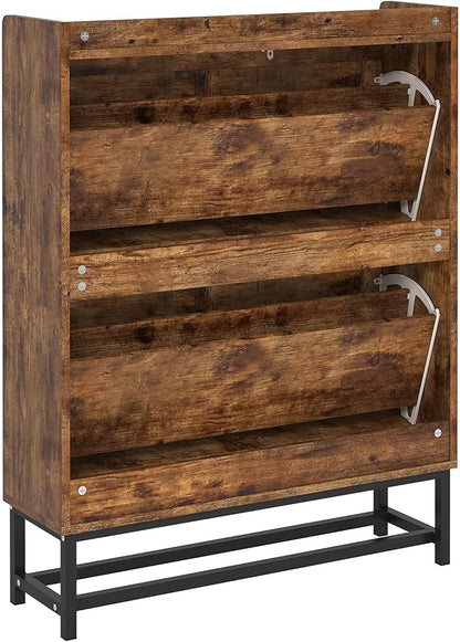 JSB Shoe Cabinet with 2 Flip Drawers, Freestanding Storage Organizer Shelf with Metal Legs, Narrow Shoe Rack Cabinet for Entryway (Rustic Brown, 2-Drawers)