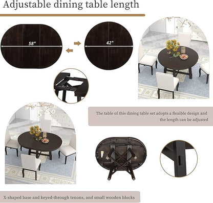 Farmhouse Style Expandable Round to Oval Dining Table with 16" Removable Leaf, Solid Wood Extendable Tabletop with Cross Trestle Legs, Space-Saving Kitchen-Tables for Home Apartment Restaurant
