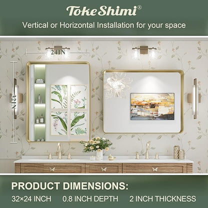TokeShimi Bathroom Mirror for Wall 24 x 32 Inch Gold Brushed Brass Metal Rounded Corner Rectangle Mirror Wall Mirror in Metal Frame
