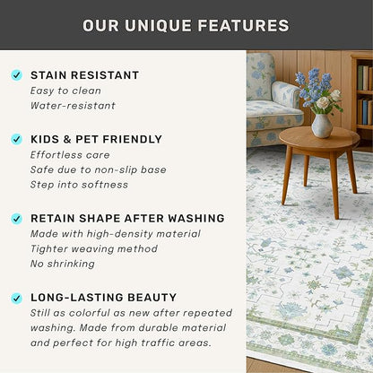 Washable Boho Bathroom Rug 2x3 - Small Throw Area Rugs for Powder Room, Laundry, Kitchen, Blue and Green Oushak Modern Eclectic Geometric Floral Pastel Decor, Low Pile Non-Slip Stain Resistant