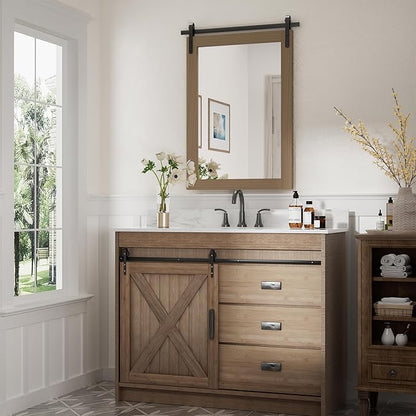 Brown Farmhouse Mirror for Wall, 22x30INCH Wood Framed Rectangle Bathroom Mirrors for Vanity, Barn Door Style Mirrors Wall Mounted Dresser Decor Mirror Living Room Bedroom Vertical