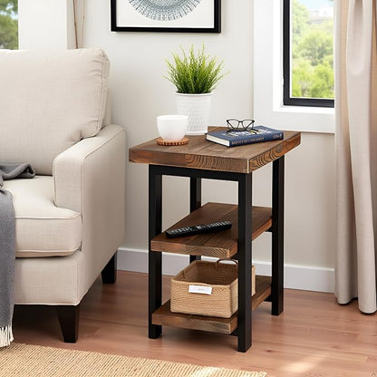 Pomona 3-Tier Solid Wood End Table with Storage Shelves – Rustic Industrial Space-Saving Side Table or Nightstand for Living Room, Bedroom, or Entryway by Alaterre Furniture