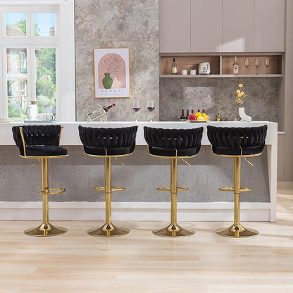 VECELO Bar Stools Set of 2, Adjustable Barstools Counter Height Stools with Back and Arm, Velvet Woven Kitchen Island Stools w/Gold Metal Leg & Base, 360° Swivel Bar Chair for Pubs Dining Room, Black