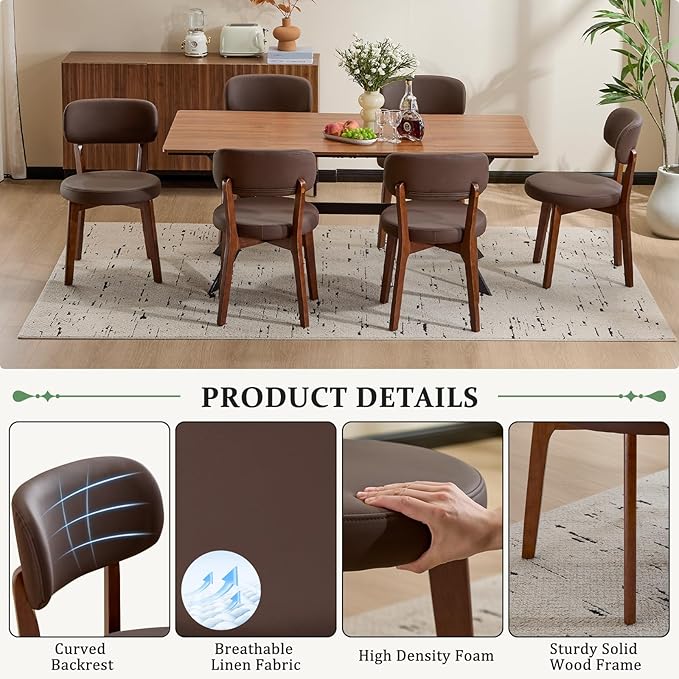 Furniliving Wooden Dining Chairs Set of 6, Mid-Century Modern Leather Upholstered Kitchen Chair with Solid Oak Wood, Farmhouse Dining Room Chairs, Brown