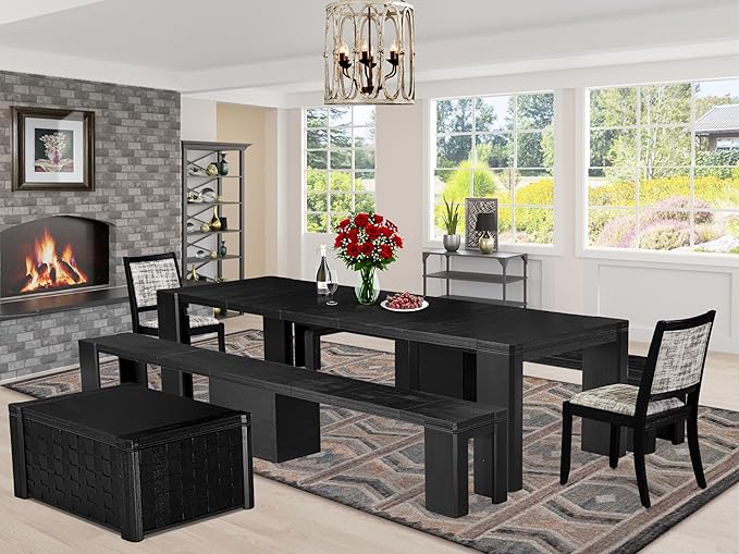 X02X2-2C6-30 4-pc Dining Room Table Set a Rectangular Kitchen Table and a wooden Bench and 2 Wire Brushed Black Polyester Stackable Chair, 39x120 Inch, Wire Brushed Black