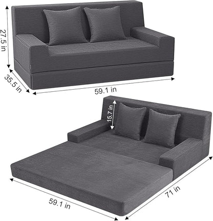MeMoreCool Boneless Folding Sofa Bed Queen, Corduroy Convertible Sleeper Chair, Foldable Foam Mattress Chair, Comfy Fold‑Out Futon Couch Bed, Large Floor Sofa Couch for Living Room Guest