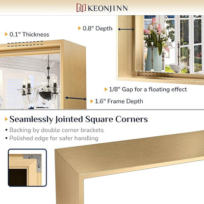 Keonjinn Brushed Gold Bathroom Mirror 42 x 36 Inch Metal Frame Rectangular Large Wall Mirror for Bathroom Sink Gold Vanity Mirror for Over Sink Aluminum Alloy Rectangle Mirror(Horizontal/Vertical)