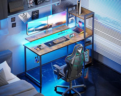 ODK Reversible Gaming Desk with Power Outlets and LED Lights, 48 Inch Computer Desk with Storage Shelves and Monitor Stand, Modern Writing Study Desk for Home Office, Rustic Brown