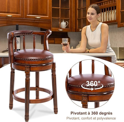 Cow top Leather Wooden Bar Stools, 360 Degree Swivel Bar Height Chair with Backs for Home Kitchen Counter, Morden Chair Barstools (Brown 1pc, Counter Height-Seat Height 26”)