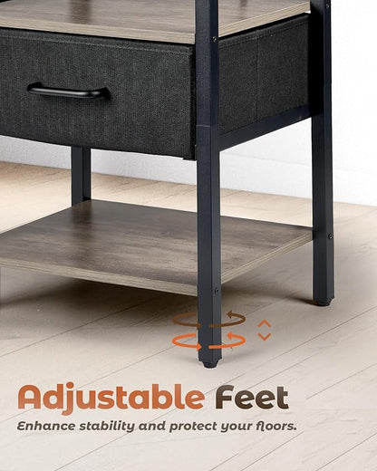 Nightstand with Charging Station, Bed Side Table with Fabric Drawer, 3-Tier Storage Dorm Night Stand for Bedroom, 2 USB & 2 Outlets End Table, Greige and Black