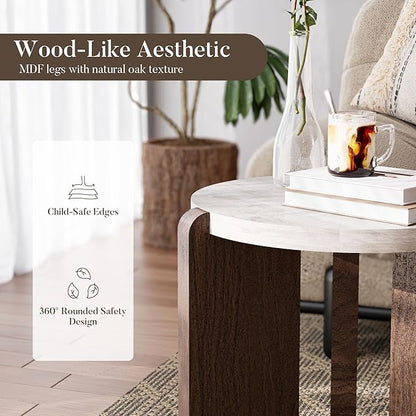 COSIEST Small Round Side Table, Modern 3-Leg Accent End Table with Faux Marble Wood Top and Wood-Like Legs, Nightstand for Living Room, Bedroom, Office, Cream White & Dark Brown,17.7”Dia. x 18.9”H