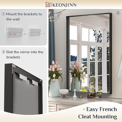 Keonjinn Black Mirror for Bathroom 60 x 40 Inch Rectangular Wall Mirror Large Matte Black Vanity Mirror Metal Frame Rectangle Farmhouse Mirror, Modern Square Corner Framed Mirror(Horizontal/Vertical)