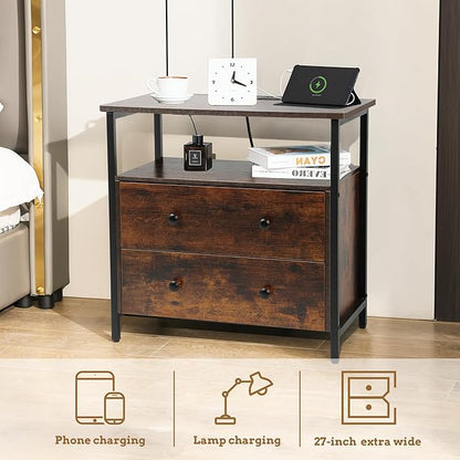27 inch Wide Nightstand with Charging Station, Bedside Table with Open Shelf, 2 Drawers Small Wood Dresser, End Side Table for Bedroom (Rustic Brown)