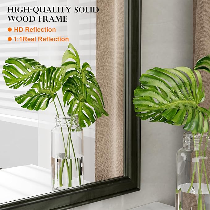 WallBeyond Black Wood Bathroom Mirrors for Wall Mounted, 30" x 40" Rustic Wood Frame Wall Mirrors Decorative for Living Room or Bedroom Vanity Mirror (Horizontal/Vertical Black)