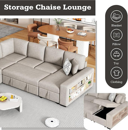 109" U-shaped Sectional Pull-out Sofa Bed with Storage Chaise,2-in-1 Convertible Couch W/ 4 Back Pillow & 2 USB Ports,Luxurious Sleeper Furniture Set for Living Room Large Space,Beige Chenille