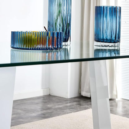 63" Modern Glass Dining Table with Rectangular Tempered Tabletop,Dinner Desk Set for 6-8 People W/Trapezoid Bracket,for Home,Kitchen,Dining Room,Office,White+Clear Finish