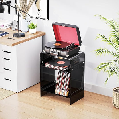 Acrylic Record Player Table with Storage Shelf, Clear Side Table Nightstand (Black)