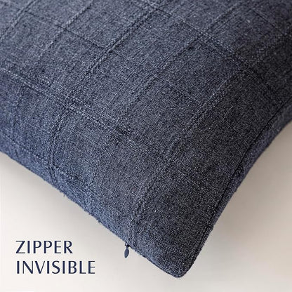 Foindtower Set of 2 Decorative Linen Check Throw Pillow Covers Neutral Farmhouse Vintage Cushion Covers Modern Boho Home Decor for Sofa Chair Couch Bedroom Living Room Outdoor,20×20 Inch,Navy Blue