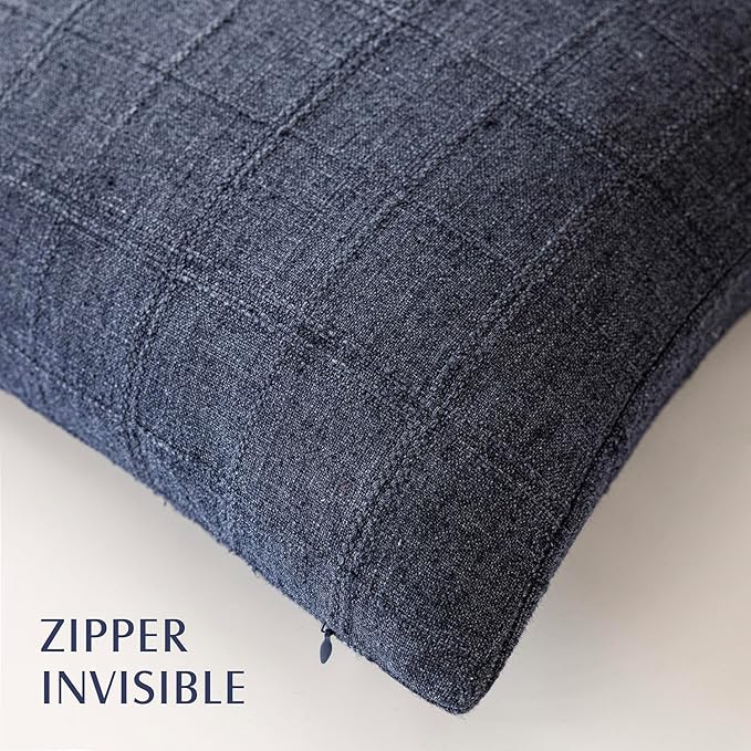Foindtower Set of 2 Decorative Linen Check Throw Pillow Covers Neutral Farmhouse Vintage Cushion Covers Modern Boho Home Decor for Sofa Chair Couch Bedroom Living Room Outdoor,22×22 Inch,Navy Blue