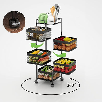 Fruit and Vegetable Basket for Kitchen No Assembly， Rotating Storage Rack,Bathroom Storage Shelf, Kitchen Organizers and Storage Cart on Rolling Wheels(Black, 5 Tier-Square)
