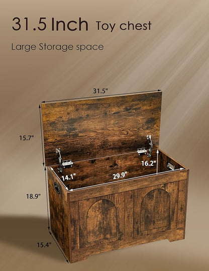 DINZI LVJ Storage Chest, 31.5”Wooden Storage Box with 2 Safety Hinges, Entryway Shoe Bench with Flip-Top, Sturdy Trunk for Living Room, Bedroom, Easy Assembly, Rustic Brown