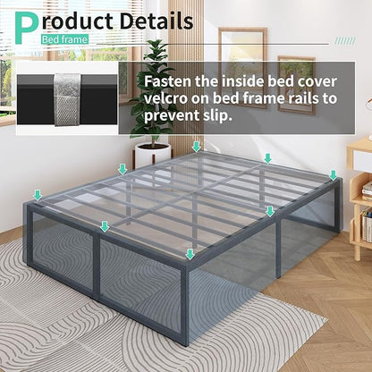 18 Inch King Bed Frame with Storage Bed Cover Skirt, Heavy Duty Metal Full Platform Bed Frame No Box Spring Needed, Easy Assembly, Noise Free, Black and Blue