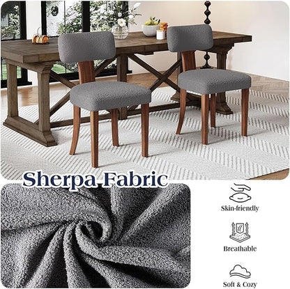 Farmhouse Chair Set of 2, Mid Century Modern Dining Chairs, Sherpa Upholstered Kitchen Chairs with Curved Backrest & Adjustable Legs for Living Room/Bedroom, Easy to Install, Grey Sherpa
