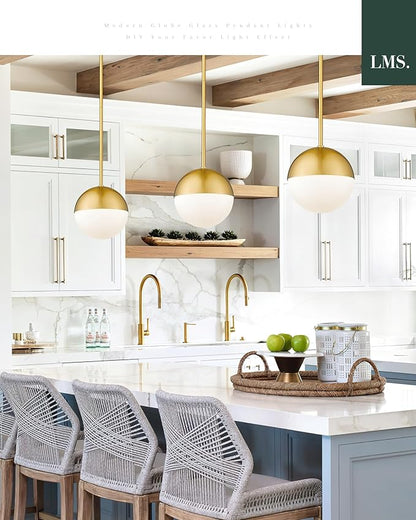 LMS 2-Pack Brushed Gold Pendant Lights, Modern Pendant Light with Milky Globe Glass Shade, Adjustable Hanging Lighting Rod for Kitchen Island Dining Room Bedroom, LMS-186BG2PK