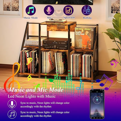 Large Record Player Stand Vintage Record Stand-Large Vintage Record Player Table with Power Outlet and LED Light,Record Storage Rack with Vinyl Display Shelf for Up to 300 Albums