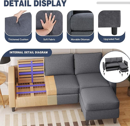 Small Sectional Sofa Couch, 3 Seat L Shaped Couches with Ottoman, Upholstered Fabric Convertible Sofa, Small Couch for Apartments, Living Room and Office (Dark Grey)