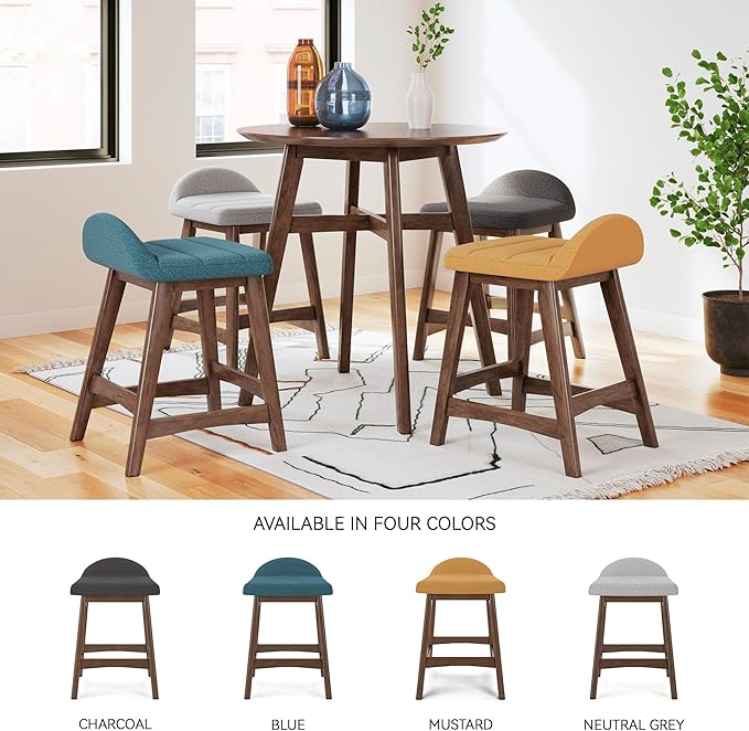 Signature Design by Ashley Lyncott Contemporary 28.5" Counter Height Upholstered Bar Stool with Foam Cushion, 2 Count, Blue & Brown