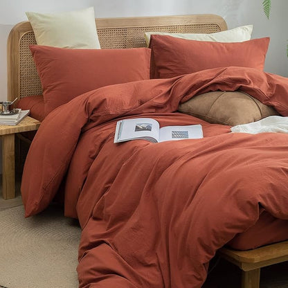 BESTOUCH Duvet Cover Set 100% Washed Cotton Linen Feel Super Soft Comfortable Chic Lightweight 3 PCs Home Bedding Set Crimson Red King