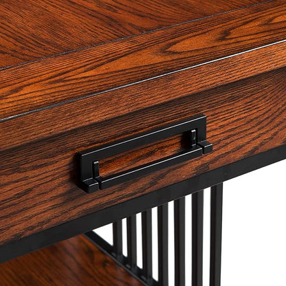 Leick Home Ironcraft Coffee Table, Solid Wood, 2 Drawers, 1 Display Shelf, Mission Oak, Black Steel, Easy Assembly, 46 in L x 22 in W x 20 in H, 11262