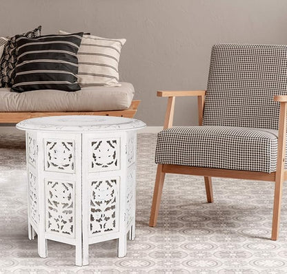 The Wooden Town Handcrafted White Wood End Table - Antique Finish, Small Accent Table 18"x18" for Living Room, Bedroom, Sofa Side or Nightstand Use