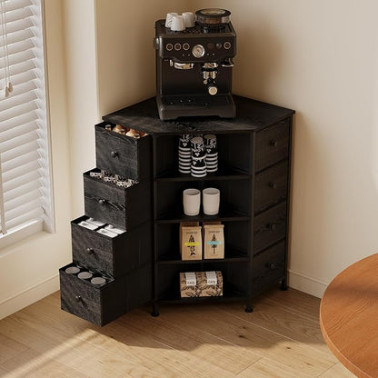 LUMTOK 8 Drawers Corner Dresser with Storage Fabric Drawers and Open Shelves for Small Space，Bedroom，Entryway，Living Room (Black Wood Veins)