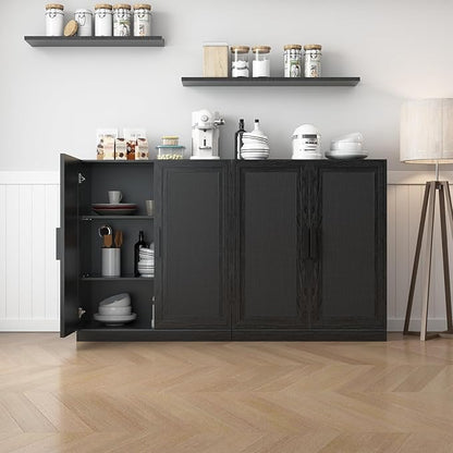 Buffet Cabinet, 2-Doors Sideboard Cabinet with Rattan Panels, Buffet Console Accent Table for Hallway Entryway Dining Room, 36", Black