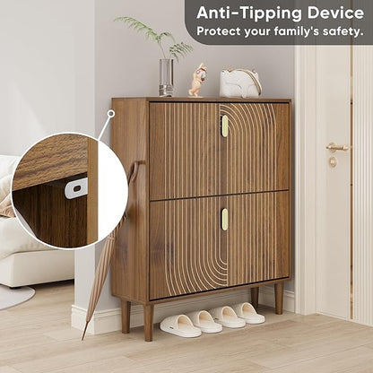 Smuxee Shoe Cabinet with 2 Flip Drawers, 31.5" Walnut Hidden Shoe Storage Cabinet with Line Groove Design, Freestanding Shoe Organizer Cabinet for Entryway, Hallway, Living Room