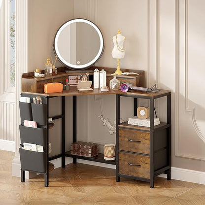 Corner Desk with 6 Fabric Drawers Shelves for Small Space Computer Desk with Power Outlets,Gaming Desk with Printer Monitor Stand Storage for Home Office Workstation Writing Table Brown