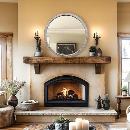 35" Round Wood Mirror, Large Wooden Round Mirror, Wood Round Mirrors for Wall Decor, Rustic Circle Wall Mirrors for Entryway, Living Room, White Washed Frame